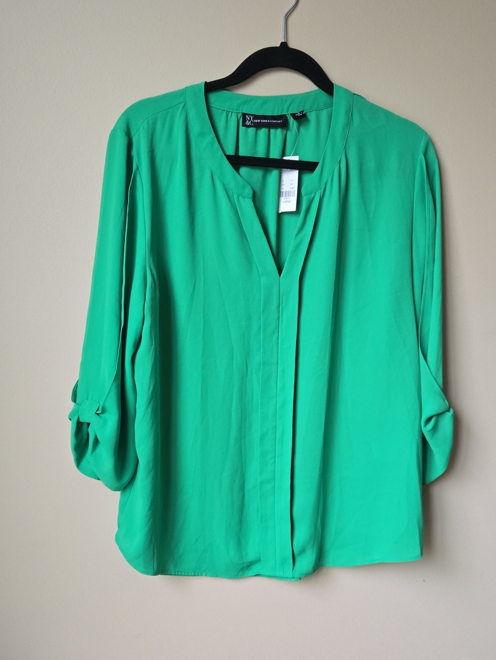 New York & Company Bright Green Split-Neck Blouse
